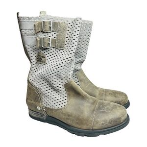 Sorel Major Pull On Perforated Laser Cut Leather Boots Beige &‎ Gray Women’s 8.5
